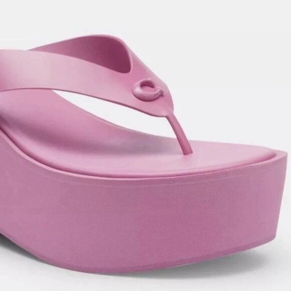 Coach Women's Sculpted Platform "C" Flip Flop Fuchsia Leather Size 11 - Picture 2 of 3